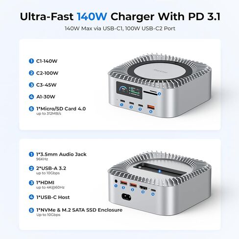 RayCue All-in-One Charger Dock for Mac mini M4, Aluminum Mac mini M4 Dock Hub Stand with 8TB NVMe/SATA SSD Enclosure, 165W Power Delivery, 4K60Hz HDMI, Smart Display, SD/TF 4.0, 10G USB A/C, Audio in Saudi Arabia