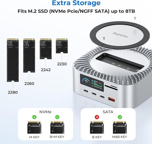 RayCue All-in-One Charger Dock for Mac mini M4, Aluminum Mac mini M4 Dock Hub Stand with 8TB NVMe/SATA SSD Enclosure, 165W Power Delivery, 4K60Hz HDMI, Smart Display, SD/TF 4.0, 10G USB A/C, Audio in Saudi Arabia