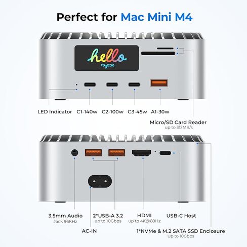 RayCue All-in-One Charger Dock for Mac mini M4, Aluminum Mac mini M4 Dock Hub Stand with 8TB NVMe/SATA SSD Enclosure, 165W Power Delivery, 4K60Hz HDMI, Smart Display, SD/TF 4.0, 10G USB A/C, Audio in Saudi Arabia