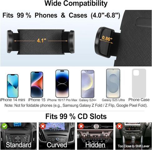 Shock-Resistant CD Slot Phone Holder for Car, CD Player Phone Mount with Adjustable Clamp, 360° Rotation, Non-Slip, Single-Button Release, Heat-Resistant, Universally Compatible with iPhone & Samsung in Saudi Arabia