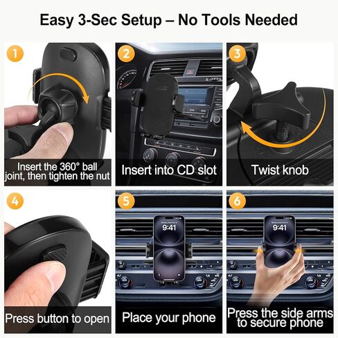 Shock-Resistant CD Slot Phone Holder for Car, CD Player Phone Mount with Adjustable Clamp, 360° Rotation, Non-Slip, Single-Button Release, Heat-Resistant, Universally Compatible with iPhone & Samsung in Saudi Arabia