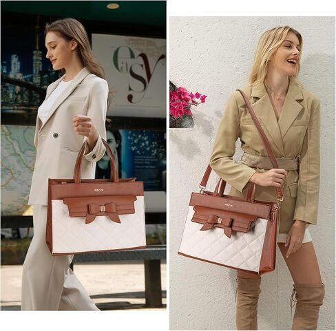 MOSISO Laptop Tote Bag, 15.6 inch PU Leather Flapover Pocket Tote Bag & Clutch Purse, Work Bag with Bowknot for Women, Waterproof Computer Briefcase for Business Office, Brown in Saudi Arabia