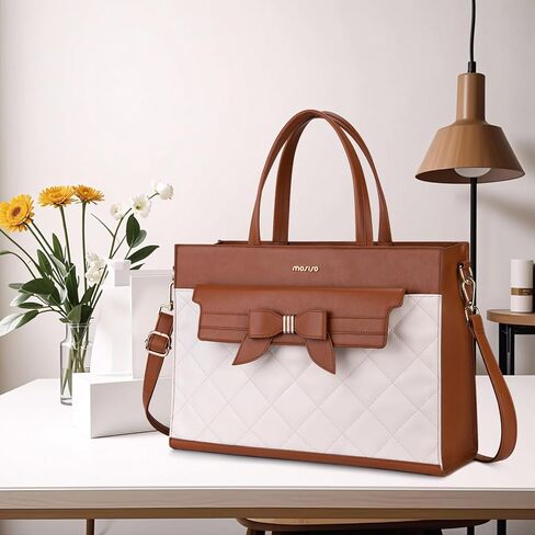 MOSISO Laptop Tote Bag, 15.6 inch PU Leather Flapover Pocket Tote Bag & Clutch Purse, Work Bag with Bowknot for Women, Waterproof Computer Briefcase for Business Office, Brown in Saudi Arabia