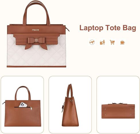 MOSISO Laptop Tote Bag, 15.6 inch PU Leather Flapover Pocket Tote Bag & Clutch Purse, Work Bag with Bowknot for Women, Waterproof Computer Briefcase for Business Office, Brown in Saudi Arabia
