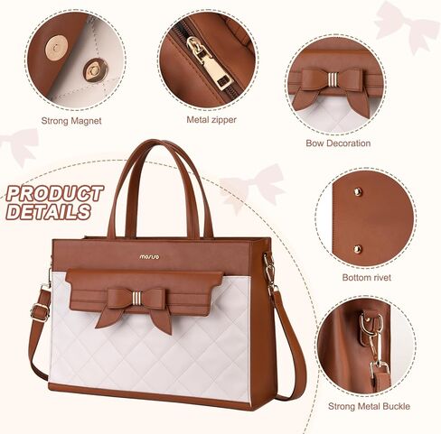 MOSISO Laptop Tote Bag, 15.6 inch PU Leather Flapover Pocket Tote Bag & Clutch Purse, Work Bag with Bowknot for Women, Waterproof Computer Briefcase for Business Office, Brown in Saudi Arabia