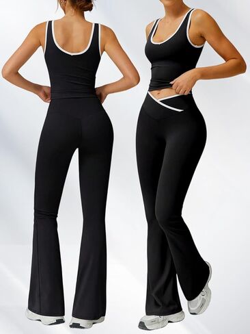 Women's U Neck Crop Tank & Cross Waist Flared Yoga Pants Set - Contrast Trim 2 Piece Outfit, Stretchy Activewear for Gym in Saudi Arabia