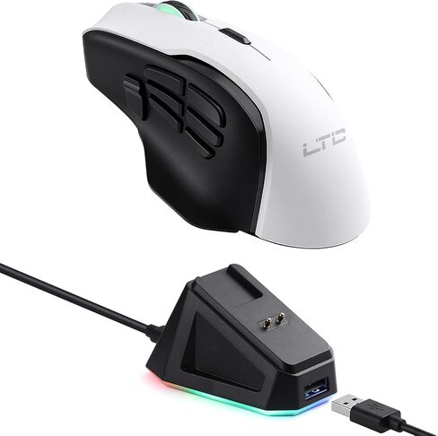 LTC MKM071 ماوس ألعاب MMO لاسلكي مع قاعدة شحن RGB، ثلاثي الوضع (2.4 جيجا/بلوتوث/سلكي)، مستشعر PAW3311 بدقة 12000 نقطة في البوصة، 11 زرًا قابلاً للبرمجة، 7 أزرار جانبية، معدل اقتراع 1000 هرتز، مريح in Kuwait