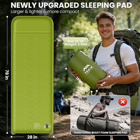 TEKIK Self Inflating Sleeping Pad, Ultra-Thick Memory Foam Sleeping Pad for Camping with Pillow, 20s Fast self Inflate&Deflate, 9.5 R-Value Insulated Camping Mattress, Suitable for Car Travel Tent in Saudi Arabia