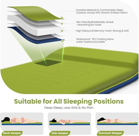 TEKIK Self Inflating Sleeping Pad, Ultra-Thick Memory Foam Sleeping Pad for Camping with Pillow, 20s Fast self Inflate&Deflate, 9.5 R-Value Insulated Camping Mattress, Suitable for Car Travel Tent in Saudi Arabia