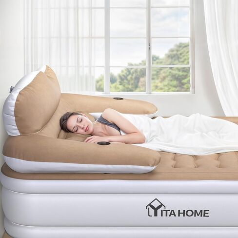 YITAHOME FullXL Size Air Mattress with Headboard, 18in Inflatable with Pillow, Blow Up Mattress with Removable Electric Pump, Comfort Air Bed Queen for Camping & Home, Brown in Saudi Arabia