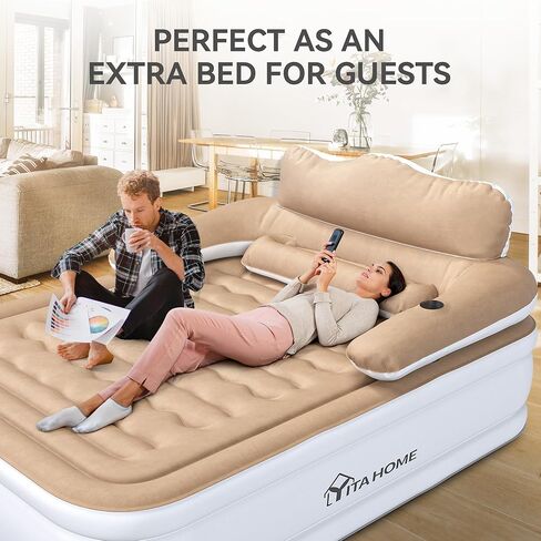 YITAHOME FullXL Size Air Mattress with Headboard, 18in Inflatable with Pillow, Blow Up Mattress with Removable Electric Pump, Comfort Air Bed Queen for Camping & Home, Brown in Saudi Arabia