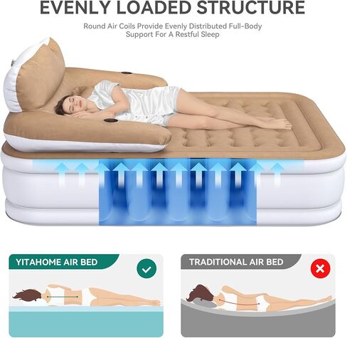 YITAHOME FullXL Size Air Mattress with Headboard, 18in Inflatable with Pillow, Blow Up Mattress with Removable Electric Pump, Comfort Air Bed Queen for Camping & Home, Brown in Saudi Arabia
