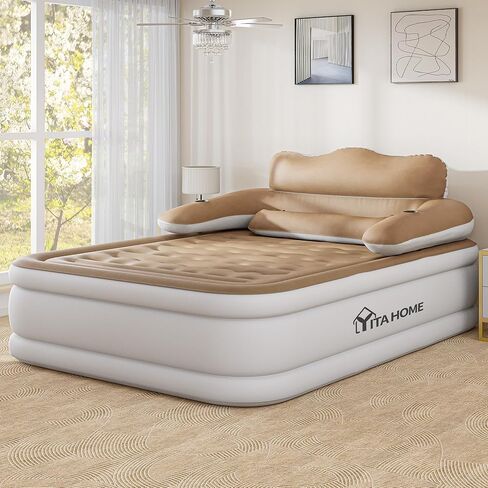YITAHOME FullXL Size Air Mattress with Headboard, 18in Inflatable with Pillow, Blow Up Mattress with Removable Electric Pump, Comfort Air Bed Queen for Camping & Home, Brown in Saudi Arabia