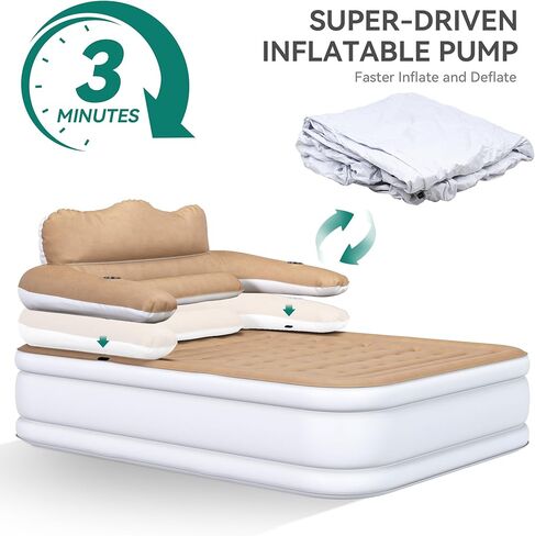 YITAHOME FullXL Size Air Mattress with Headboard, 18in Inflatable with Pillow, Blow Up Mattress with Removable Electric Pump, Comfort Air Bed Queen for Camping & Home, Brown in Saudi Arabia