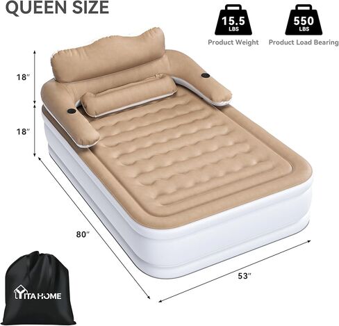 YITAHOME FullXL Size Air Mattress with Headboard, 18in Inflatable with Pillow, Blow Up Mattress with Removable Electric Pump, Comfort Air Bed Queen for Camping & Home, Brown in Saudi Arabia
