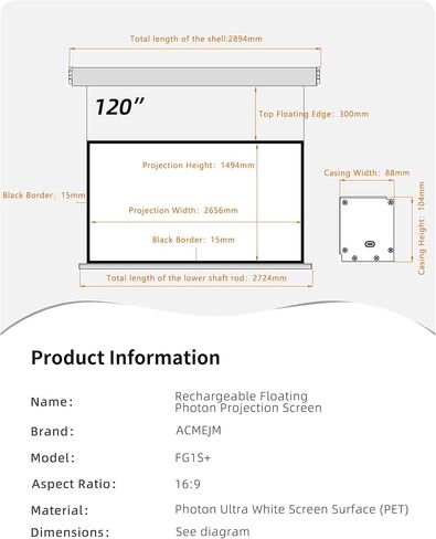120" PureVision Projector Screen Motorized,Laser Speckle Reduction,Waterproof Drop-Down Outdoor Projector Screen,Movie Screen 4K/8K UHD Ready,2 Recharges Yearly for Home Theater & Backyard Movie Night in Saudi Arabia