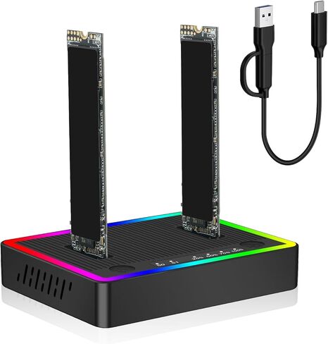 قاعدة تثبيت M.2 NVMe SATA SSD، حاوية NVMe SATA SSD مزدوجة، محول USB3.2 Gen 2X2 SSD بسرعة 20 جيجابت في الثانية إلى USB، نسخة M.2 Duplicator لكلا النوعين (مفتاح M، مفتاح B+M) بدون أدوات، يدعم بلاستيك RGB المستنسخ دون اتصال in Kuwait