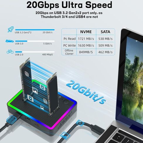 قاعدة تثبيت M.2 NVMe SATA SSD، حاوية NVMe SATA SSD مزدوجة، محول USB3.2 Gen 2X2 SSD بسرعة 20 جيجابت في الثانية إلى USB، نسخة M.2 Duplicator لكلا النوعين (مفتاح M، مفتاح B+M) بدون أدوات، يدعم بلاستيك RGB المستنسخ دون اتصال in Kuwait