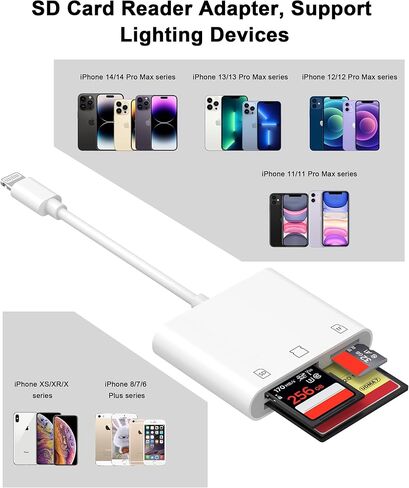 [معتمد من Apple MFi] قارئ بطاقة SD لهاتف iPhone، محول قارئ بطاقات Lightning إلى SD/TF/CF، محول بطاقة الذاكرة مع فتحات فلاش مدمجة/CF/SD/MicroSD متوافقة مع iPhone 14 13 12 11 Pro Max XS XR in Kuwait