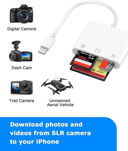 [معتمد من Apple MFi] قارئ بطاقة SD لهاتف iPhone، محول قارئ بطاقات Lightning إلى SD/TF/CF، محول بطاقة الذاكرة مع فتحات فلاش مدمجة/CF/SD/MicroSD متوافقة مع iPhone 14 13 12 11 Pro Max XS XR in Kuwait