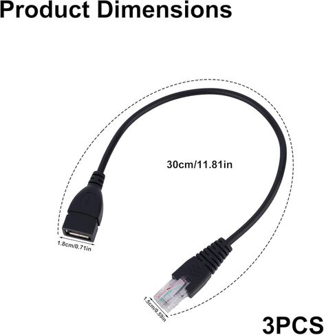 3 قطع كابل محول USB إلى RJ45 إيثرنت، 30 سم / 11.81 بوصة USB أنثى إلى RJ45 ذكر محول PVC وكابل محول شبكة نحاسي لمفتاح كمبيوتر كاميرا مودم راوتر (أسود) in Saudi Arabia