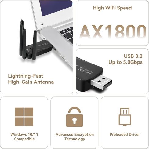 محول واي فاي AX1800 WiFi 6 USB للكمبيوتر المكتبي والكمبيوتر المحمول، محول شبكة لاسلكي 802.11ax مع نطاق مزدوج 2.4 جيجا هرتز، 5 جيجا هرتز، 4 هوائيات عالية الكسب، WPA3، USB3.0، بدون برامج تشغيل لنظام التشغيل Windows 11/10 (AX1800) in Kuwait