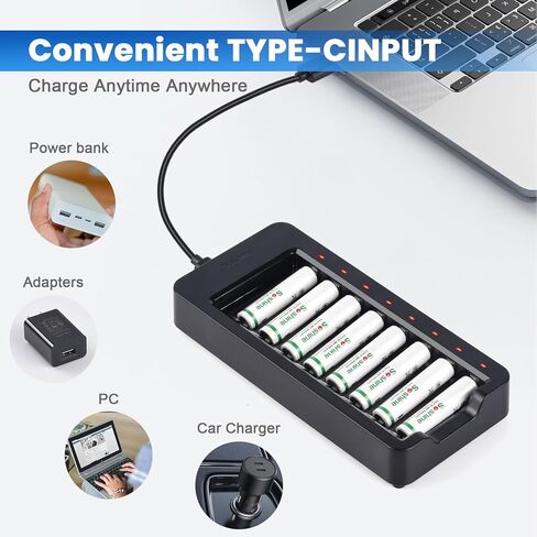 شاحن بطارية AAA مع 16 بطارية AAA 800 قابلة لإعادة الشحن، شاحن ذكي 8 خليج مع مؤشرات LED، فتحات مستقلة لشاحن USB-C لبطاريات NiMH القابلة لإعادة الشحن in Kuwait