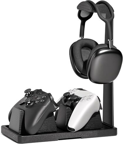 حامل سماعة الرأس UPERGO مع حاملي وحدات التحكم - حامل سماعات الألعاب من الخشب الصلب والمعدن للمفاتيح وأجهزة التحكم وملحقات المكتب (الخشب) in Kuwait