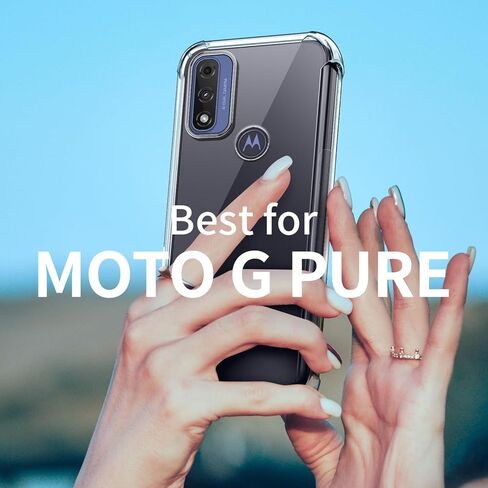 حافظة لهاتف Motorola Moto G Pure 2021، غطاء شفاف من مادة TPU مقاوم للصدمات مع عبوتين من واقيات الشاشة من الزجاج المقوى ومسند جلدي (حامل لاصق 3M) للحامل/العرض الأفقي، شفاف in Kuwait