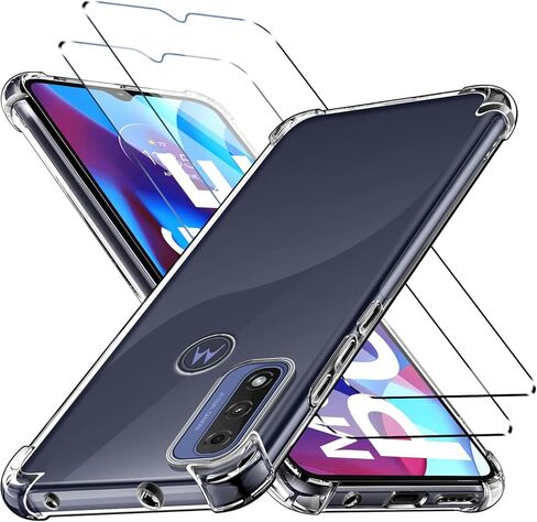 حافظة لهاتف Motorola Moto G Pure 2021، غطاء شفاف من مادة TPU مقاوم للصدمات مع عبوتين من واقيات الشاشة من الزجاج المقوى ومسند جلدي (حامل لاصق 3M) للحامل/العرض الأفقي، شفاف in Kuwait