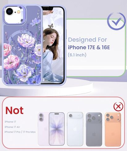 حافظة Dretal مغناطيسية لهاتف iPhone 17e وحافظة iPhone 16e زهرية، حامل عدسة مدمج، واقي شاشة 2X، حافظات مغناطيسية شفافة غير لامعة، غطاء مقاوم للصدمات للنساء والفتيات على شكل زهرة لـ 17e (زهور) in Kuwait