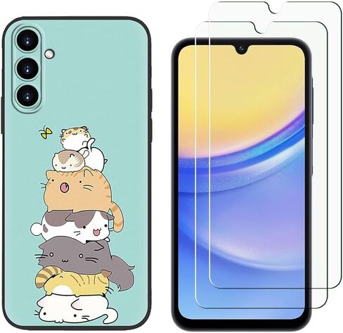 for Samsung Galaxy A15 5G Case with 2 Tempered Glass Screen Protectors, Cat Pattern Design, Slim Shockproof Protective Soft Silicone Phone Case Cover for Girls Women Boys (Cat) in Saudi Arabia