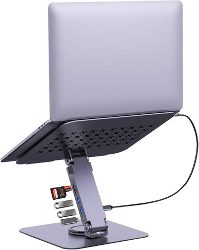 حامل كمبيوتر محمول EJAY مع محور USB وقارئ بطاقة SD/TF، ​​وحامل كمبيوتر يدور 360 درجة مع منفذي USB-A + 1 USB-C، حامل كمبيوتر محمول مريح من الألومنيوم قابل للطي للمصور والمصمم in Kuwait