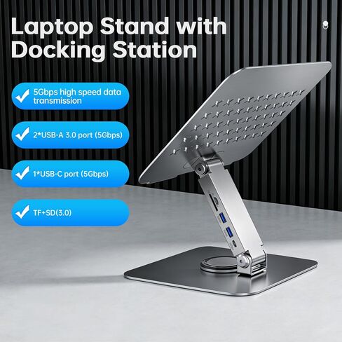 حامل كمبيوتر محمول EJAY مع محور USB وقارئ بطاقة SD/TF، ​​وحامل كمبيوتر يدور 360 درجة مع منفذي USB-A + 1 USB-C، حامل كمبيوتر محمول مريح من الألومنيوم قابل للطي للمصور والمصمم in Kuwait