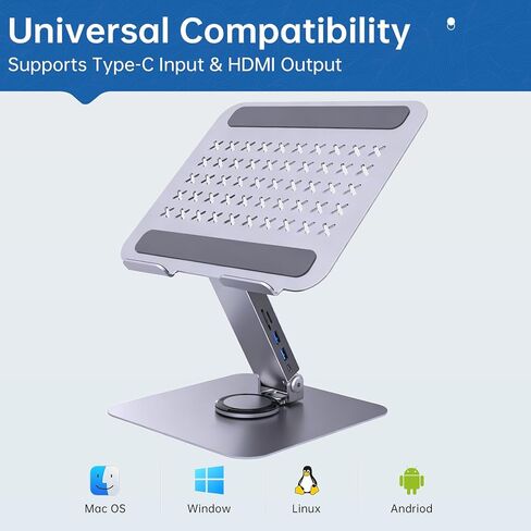 حامل كمبيوتر محمول EJAY مع محور USB وقارئ بطاقة SD/TF، ​​وحامل كمبيوتر يدور 360 درجة مع منفذي USB-A + 1 USB-C، حامل كمبيوتر محمول مريح من الألومنيوم قابل للطي للمصور والمصمم in Kuwait