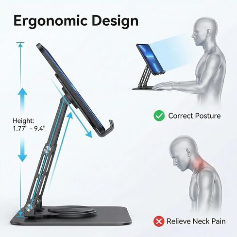حامل كمبيوتر لوحي قابل للتعديل لجهاز iPad، حامل كمبيوتر لوحي بقاعدة ألومنيوم سميكة تدور 360 درجة لجميع الهواتف اللوحية مقاس 4-12.9 بوصة لأجهزة Samsung وقارئ Kindle الإلكتروني in Saudi Arabia