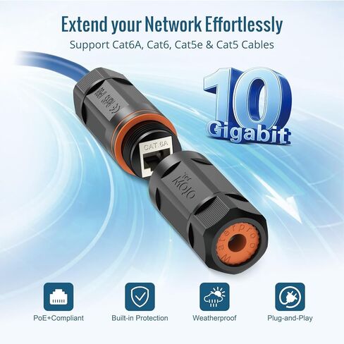 Tecmojo وصلة Cat6A مقاومة للماء، موصل إيثرنت خارجي IP68 لـ CAT6A/CAT6/CAT5E/CAT5، موسع إيثرنت RJ45 محمي لكاميرا IP وجهاز PoE، 4.7 بوصة، 3 عبوات in Kuwait