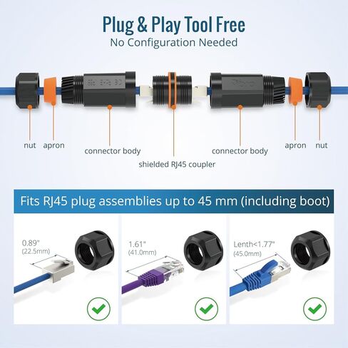 Tecmojo وصلة Cat6A مقاومة للماء، موصل إيثرنت خارجي IP68 لـ CAT6A/CAT6/CAT5E/CAT5، موسع إيثرنت RJ45 محمي لكاميرا IP وجهاز PoE، 4.7 بوصة، 3 عبوات in Kuwait