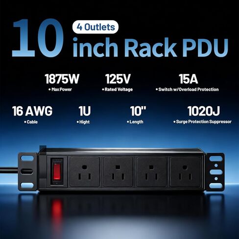 NodeQore 10 inch Rack PDU, 4 Rear Outlets, 1020J Surge Protection &15A Overload Switch, 1U RackMount, Rack Mount Power Strips for 10'' Mini Server Network Cabinets/Rack/Self, 6ft Cable in Saudi Arabia