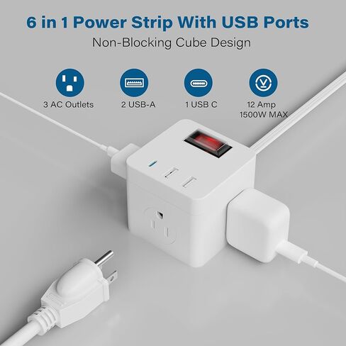 Outdoor Power Strip Cube 6 Ft, IPX4 Waterproof 3 AC Outlet Widely Spaced with 2 USB-A & 1 USB-C PD 20W Charging Station, Low Profile 45 Degree Flat Plug Extension Cord Wall Mountable, ETL-White in Saudi Arabia