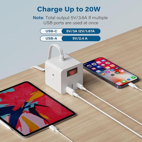Outdoor Power Strip Cube 6 Ft, IPX4 Waterproof 3 AC Outlet Widely Spaced with 2 USB-A & 1 USB-C PD 20W Charging Station, Low Profile 45 Degree Flat Plug Extension Cord Wall Mountable, ETL-White in Saudi Arabia