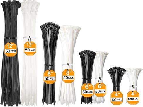 Cable Zip Ties,500 Pack Black and White Zip Ties Assorted Sizes 4/6/8/12 Inch Heavy Duty Self Locking Zipties Nylon Cord Management Plastic Wire Ties for Indoor,Outdoor,Office,Home,Garden,Workshop in Kuwait