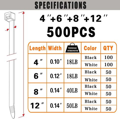 Cable Zip Ties,500 Pack Black and White Zip Ties Assorted Sizes 4/6/8/12 Inch Heavy Duty Self Locking Zipties Nylon Cord Management Plastic Wire Ties for Indoor,Outdoor,Office,Home,Garden,Workshop in Kuwait