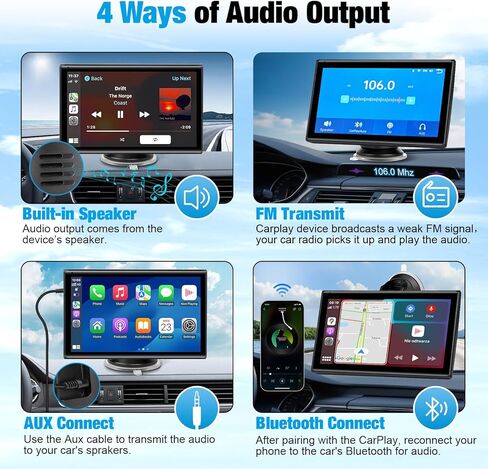 شاشة Carplay مقاس 7 بوصة للسيارة - تدعم Apple Carplay وAndroid Auto، شاشة لمس محمولة مع بلوتوث، الملاحة، التحكم الصوتي، رابط المرآة، عالمية لجميع السيارات (أسود) in Kuwait