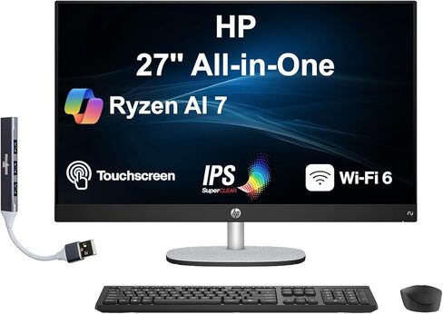 HP 27 AI PC All-in-One 27" Touchscreen IPS FHD Display (AMD Ryzen AI 7 350, 32GB DDR5, 2TB PCIe SSD, AMD Radeon, WiFi 6, Webcam, Bluetooth 5.4, Win 11 Pro) w/DKZ USB Port Expander in Saudi Arabia