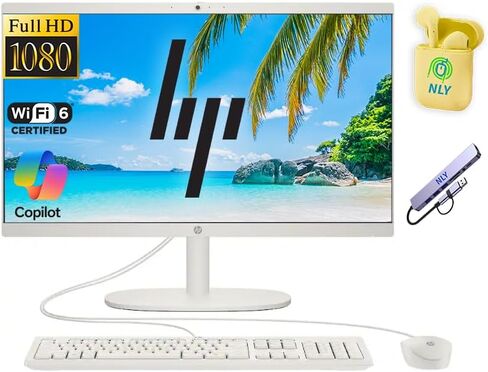 HP 21.5" FHD All-in-One Desktop Computer, Intel Quad-Core Processor, 32GB DDR5 RAM 640GB Storage (128GB UFS+512GB Docking Set), Windows 11, Wired Keyboard and Mouse, NLY Earphones, Cashmere White in Saudi Arabia