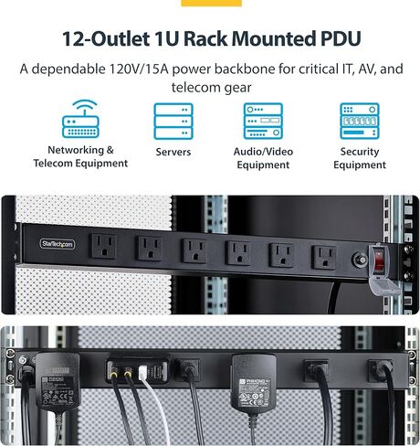 StarTech.com 12-Outlet Rackmount PDU، شريط طاقة خادم 1U، منافذ ذات زاوية قائمة واسعة المساحة، وحدة توزيع الطاقة المثبتة in Saudi Arabia