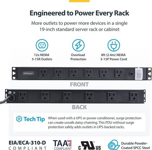 StarTech.com 12-Outlet Rackmount PDU، شريط طاقة خادم 1U، منافذ ذات زاوية قائمة واسعة المساحة، وحدة توزيع الطاقة المثبتة in Saudi Arabia