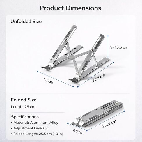 Portable Foldable Laptop Stand for Travel, Adjustable Aluminum Laptop Stand Riser for Desk, Ergonomic Computer Stand with Pouch for 16–18 Inch Laptops (Silver) in Saudi Arabia