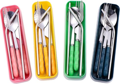 4 Colors Portable Travel Utensils with Case, Reusable Stainless Steel Cutlery Include Knife Fork Spoon Straw for Travel Camping Office in Saudi Arabia
